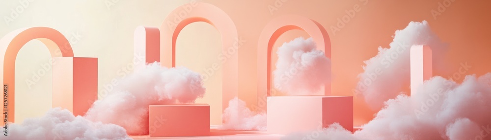 Poster peach colored arches and blocks are surrounded by fluffy clouds