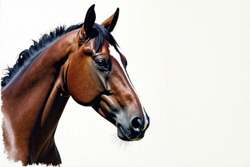 Obraz premium Close up portrait of horse head in profile. White isolated background with copy space. Concept of symbol of year according to Chinese calendar.