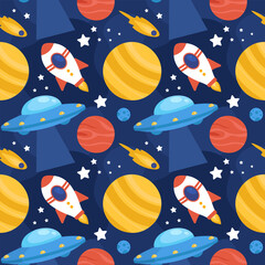 Seamless Pattern of Outer Space Exploration with Floating Rocket and Planets in Cartoon Flat Design Illustration
