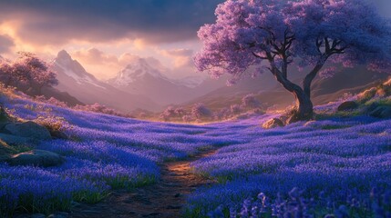 A beautiful field of purple flowers leads to snow capped mountains