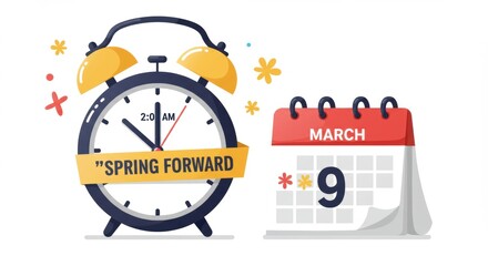 March 9 spring forward: time change with clock and calendar illustrations