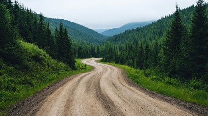 Winding dirt road through lush green forested mountains under a cloudy sky, inviting exploration and adventure.