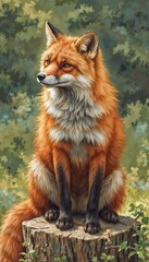 Fototapeta premium Realistic fox sitting on a tree stump with a lush background 