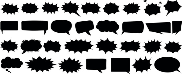 Comic speech bubbles, explosion shapes, and dialogue balloons in black silhouette. Vector cartoon elements for pop art, retro comics, and graphic design. Blank text spaces for creative designs