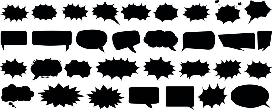 Comic speech bubbles, explosion shapes, and dialogue balloons in black silhouette. Vector cartoon elements for pop art, retro comics, and graphic design. Blank text spaces for creative designs