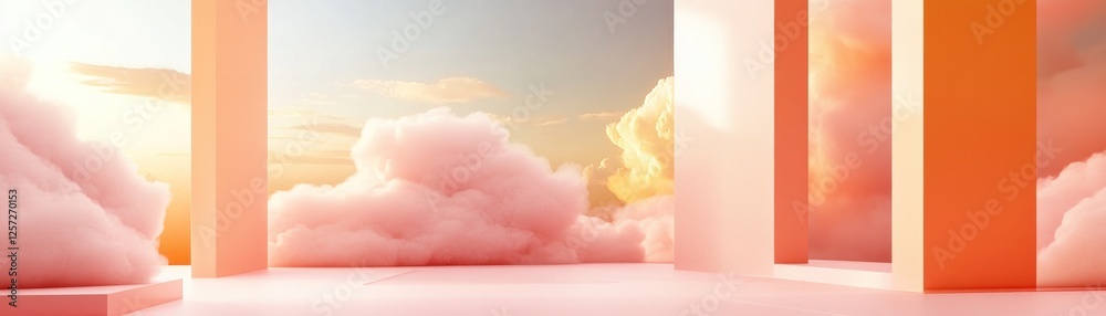 Poster Dreamy scene with pink clouds and geometric architecture elements