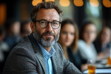 Obraz premium A confident businessman speaks passionately at a seminar, addressing a group of colleagues seated in a modern conference room. Generative AI