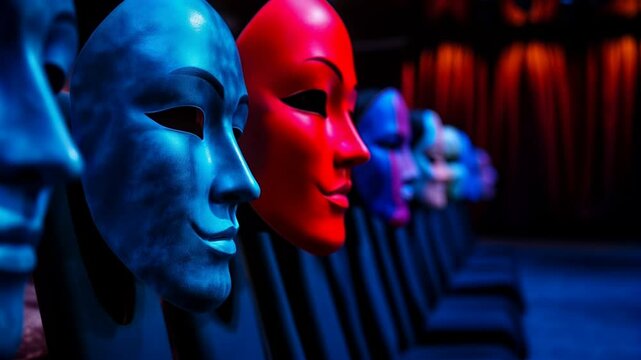 Row of colorful masks in a theater suitable for theater promotions, cultural events, costume design inspiration, party invitations, and art projects.