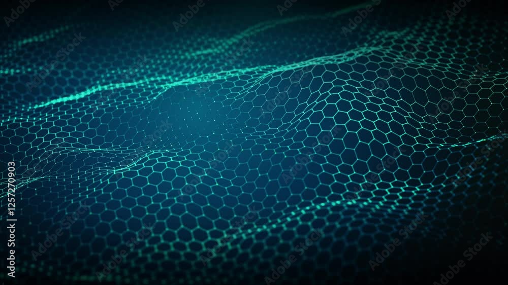 Poster abstract futuristic hexagonal grid with glowing wave patterns, representing technology, ai, big data