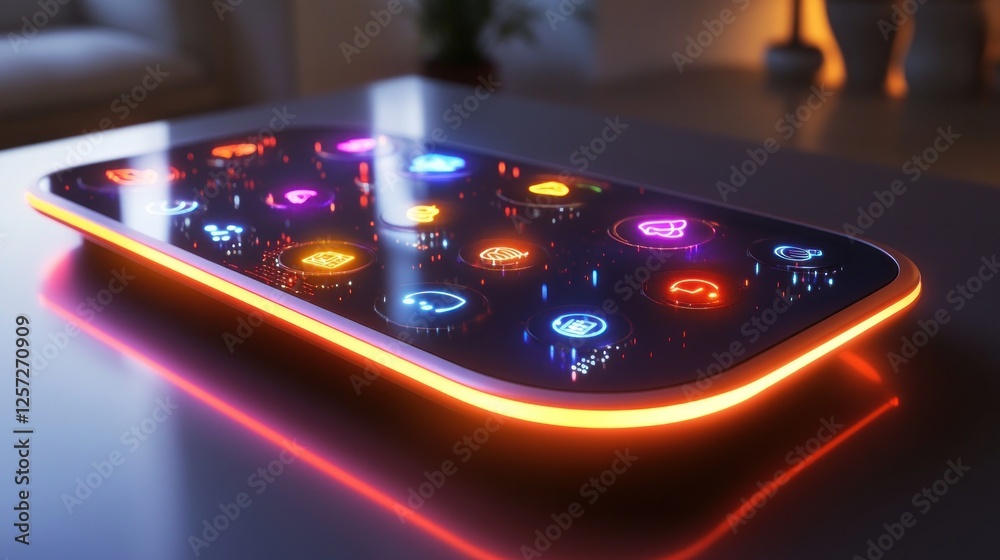 Poster Futuristic glowing device with multiple interactive circular interface icons