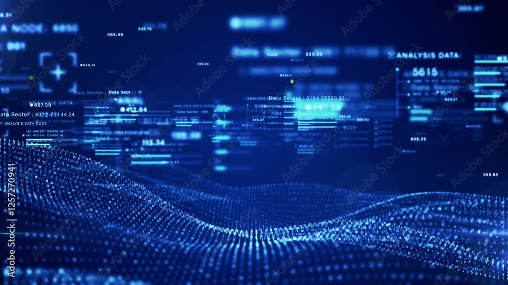 Aufkleber Futuristic digital big data network with binary code, Technology blockchain connection and data analytics, Cybersecurity, and artificial intelligence. Motion 4K resolution.