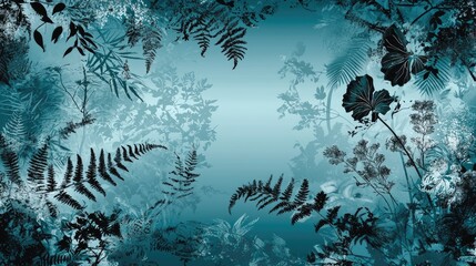 Teal tropical foliage border, misty background, nature design, website banner