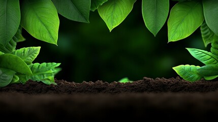 Naklejka premium Lush Green Leaves Framing Dark Soil in a Tranquil Natural Setting