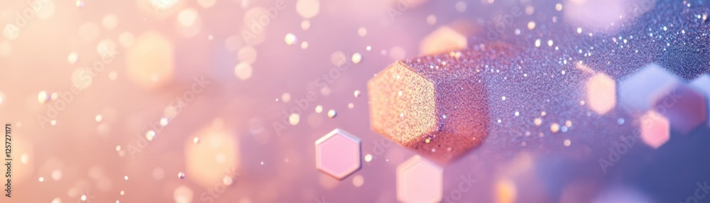 Poster Shimmering hexagons float against a soft pastel colored bokeh background