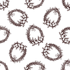 Hand drawn vintage seamless pattern of Easter wreaths with eggs