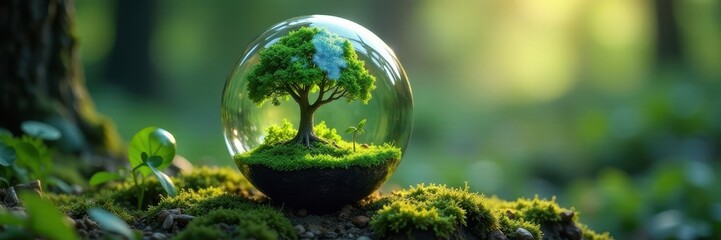 Lush miniature forest thrives inside a crystal sphere , botanical, plants