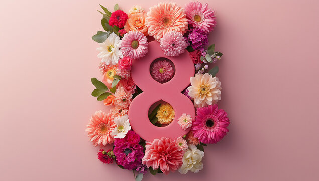 Floral arrangement with number 8 in the center. Number 8 is surrounded by flowers and written in cursive. Concept of celebrating and recognizing women's achievements.