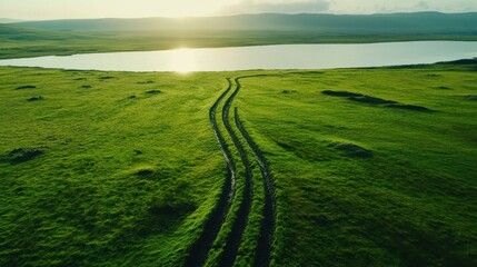 Obraz premium A beautiful green meadow leading to a calm, reflective lake at sunrise