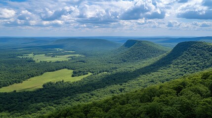 Obraz premium A breathtaking aerial view of a mountain valley covered in lush green forests