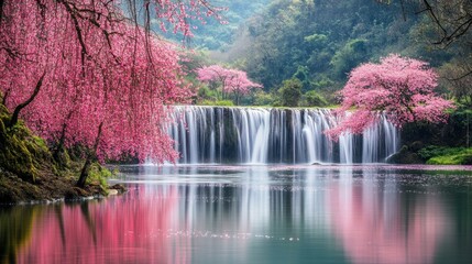 A cascading waterfall surrounded by cherry blossoms in full bloom, reflecting on the water