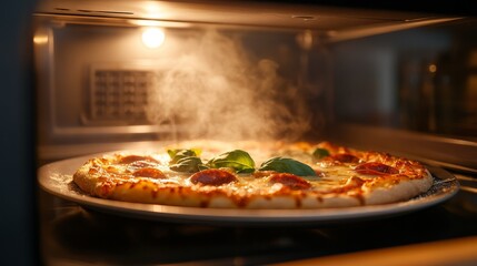 A modern microwave door is open, releasing warm steam and revealing a golden-brown pepperoni pizza topped with melted cheese and vibrant green basil