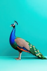 Fototapeta premium Peacock with vibrant, glowing feathers on a gradient teal background