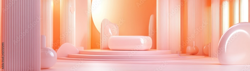 Poster Peach toned abstract podium display with geometric shapes background