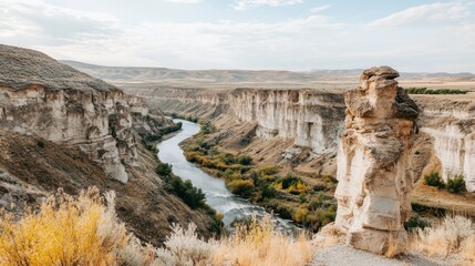 A dramatic canyon landscape with towering rock formations and a winding river