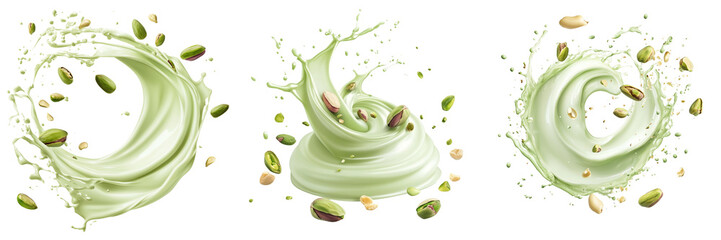 Set of Pistachio nuts falling into a splash of milk on a transparent background, creating dynamic motion with droplets and milk splashes on transparent png background. Ai generated