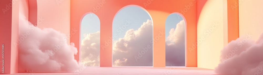 Poster peach colored arches frame fluffy clouds against a bright sky