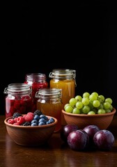 Assorted fresh fruits and jars of juice on wooden table against dark background