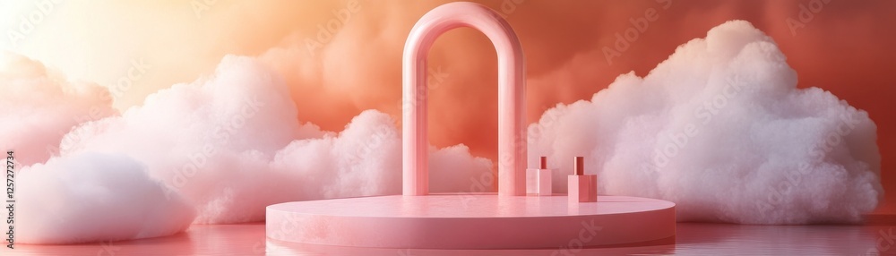 Poster soft pink product display stage with fluffy cloud background
