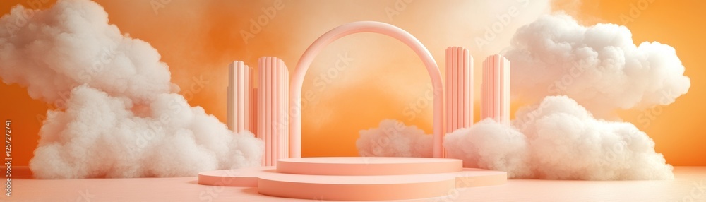 Poster peach colored display stand with arch amidst fluffy white clouds