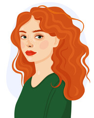 Portrait of a young woman with lush curly red hair and green eyes. Women's day. Pretty european girl in green clothes. Vector illustration.