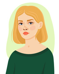 Portrait of a young woman with short blond hai and blue eyes. Women's day. Pretty european girl. Vector illustration.