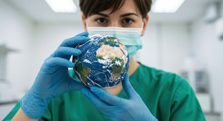 Healthcare professional holding earth model in surgical gloves demonstrating global health awareness