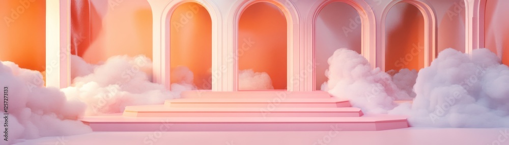 Poster pink stage with archways surrounded by soft white clouds