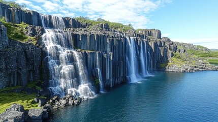 Naklejka premium A magnificent multi-layered waterfall cascading over rocky ledges into a deep blue lake
