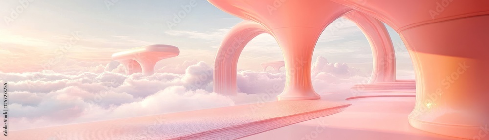 Poster dreamy pink structures float serenely above the clouds in this illustration