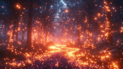 Enchanted forest path illuminated by glowing particles, creating a magical atmosphere at dusk