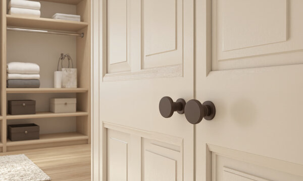 Custom mocha mousse-finished wardrobe knobs with a smooth matte finish and minimalistic circular design. These knobs are mounted on cream-colored
