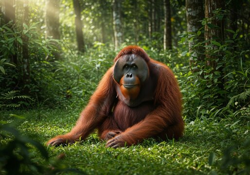Orangutan in Lush Rainforest Sunlight Wildlife Photography