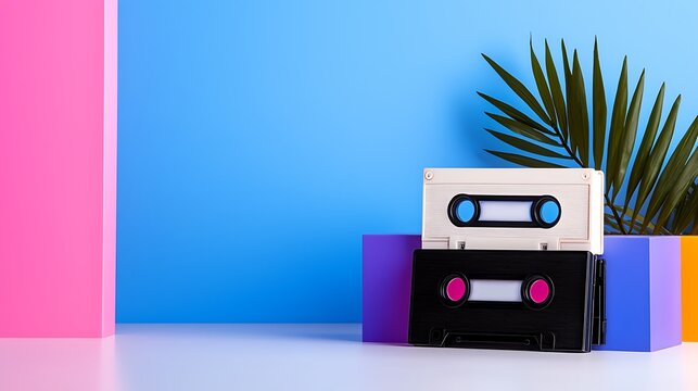 Colorful Retro Cassette Tapes Against Geometric Background