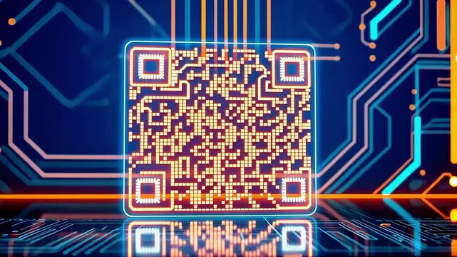 Futuristic QR code glowing on a circuit board background with vibrant neon lines and patterns - Powered by Adobe