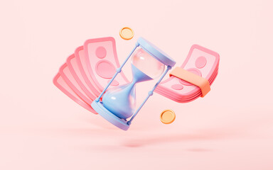 Obraz premium Cartoon sand clock and money, time and money concept, 3d rendering.