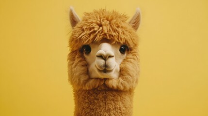 A fluffy alpaca with big eyes poses against yellow background