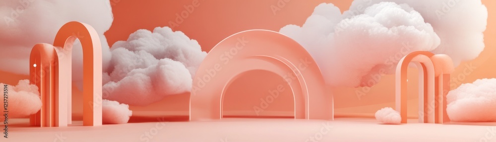 Poster peach arches stand amidst fluffy white clouds creating a dreamlike scene