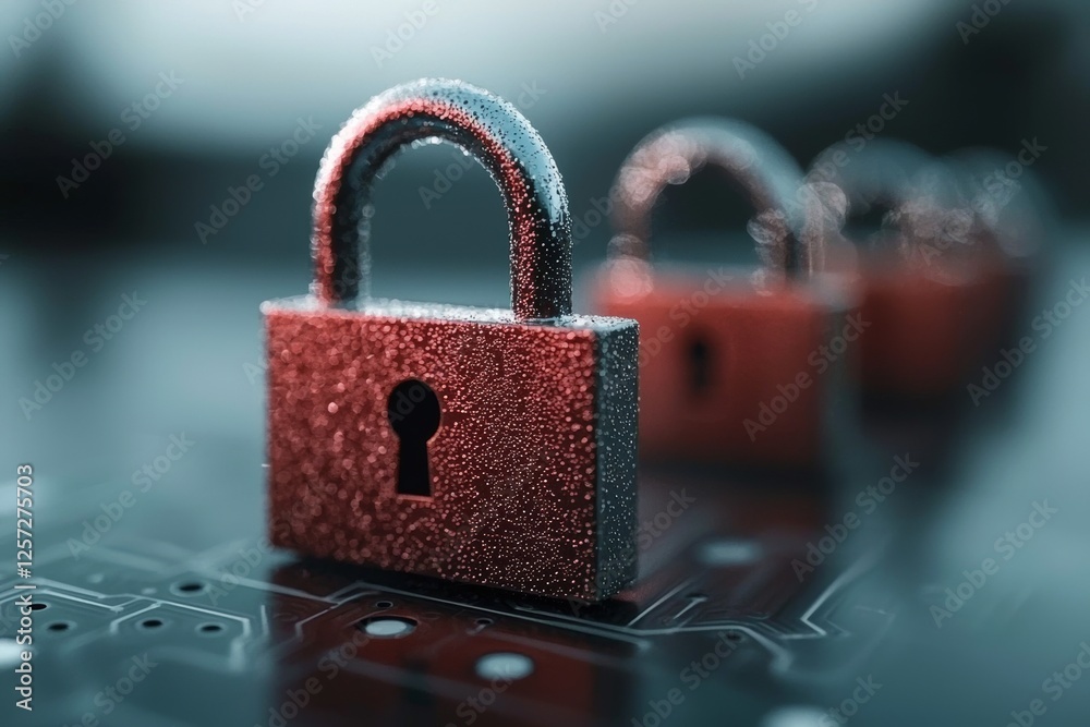 Poster cyber security and safeguarding private information and data. blue integrated circuit with locks. fi
