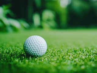 Obraz premium Golf ball resting on green grass in a natural outdoor setting during the daytime