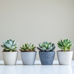 Fototapeta premium Succulents in pots, minimalist display, neutral background, home decor